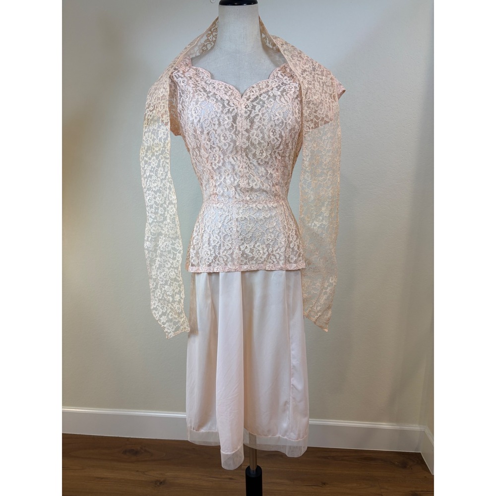 Vtg 50s Lace Top Scarf Slip Set S Pink  3pc‎ Ensemble Romantic Formal cocktail